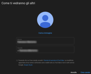 Creazione canale YouTube - nome ed handle