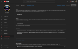 YouTube Studio -Personalizzazione informazioni di base