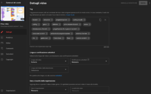 YouTube Studio - dettaglio video tag